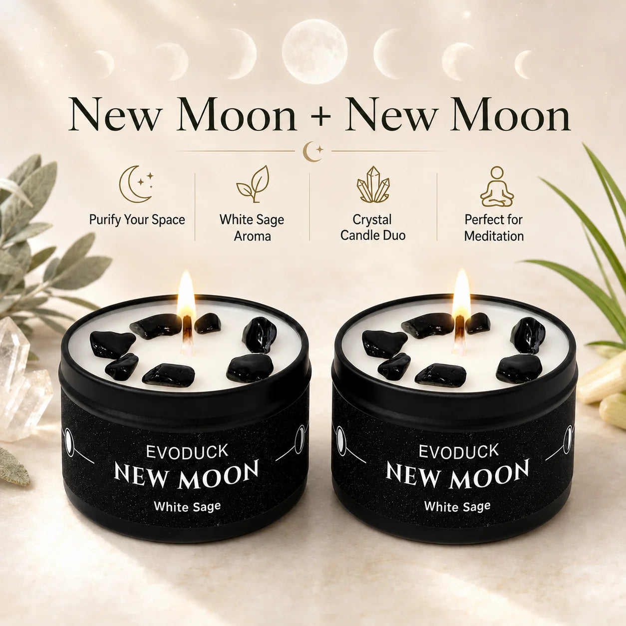1pc New Moon Scented Candles Crystal Energy Candles 3oz Soy Wax Scented Candle Black Tin with Black Crystal Chips Gift for Woman