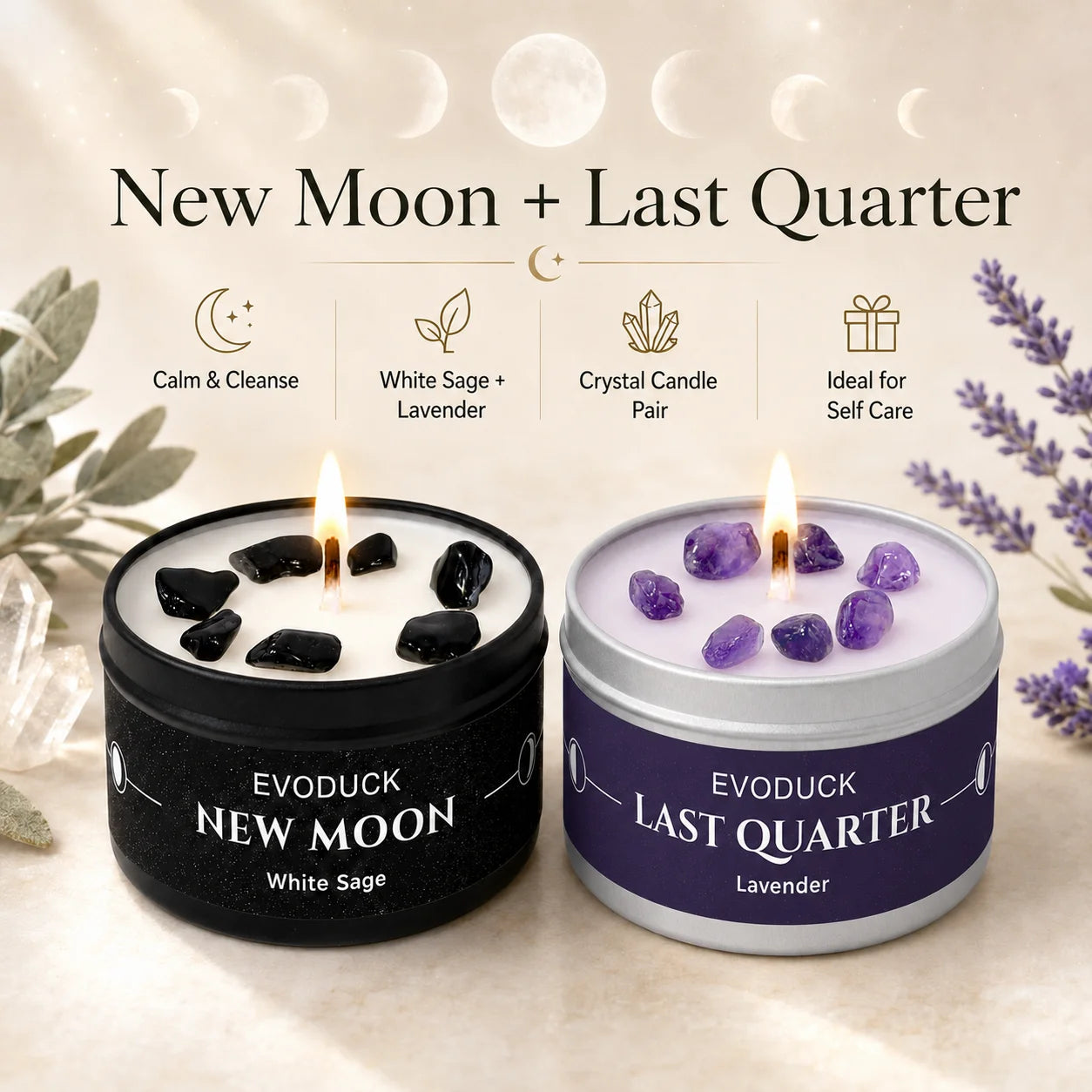 1pc New Moon Scented Candles Crystal Energy Candles 3oz Soy Wax Scented Candle Black Tin with Black Crystal Chips Gift for Woman