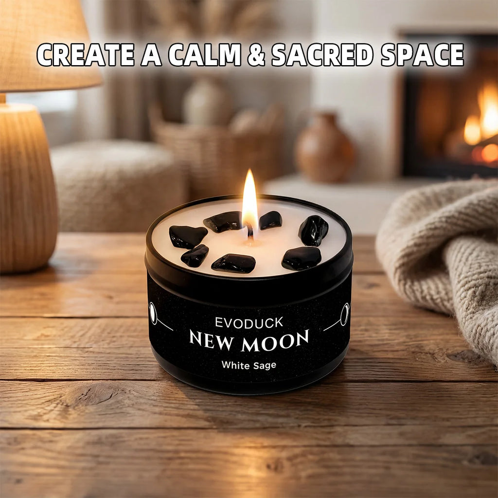 1pc New Moon Scented Candles Crystal Energy Candles 3oz Soy Wax Scented Candle Black Tin with Black Crystal Chips Gift for Woman