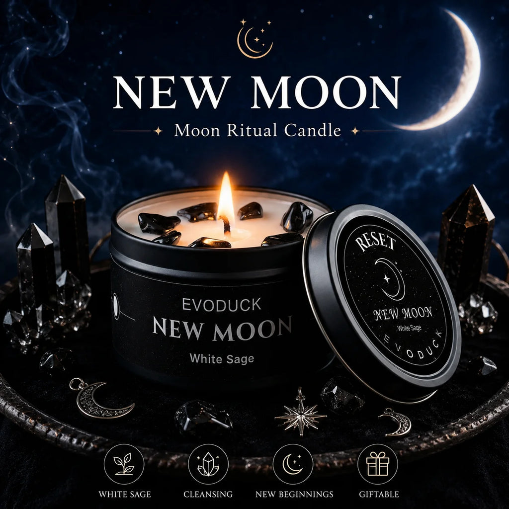 1pc New Moon Scented Candles Crystal Energy Candles 3oz Soy Wax Scented Candle Black Tin with Black Crystal Chips Gift for Woman