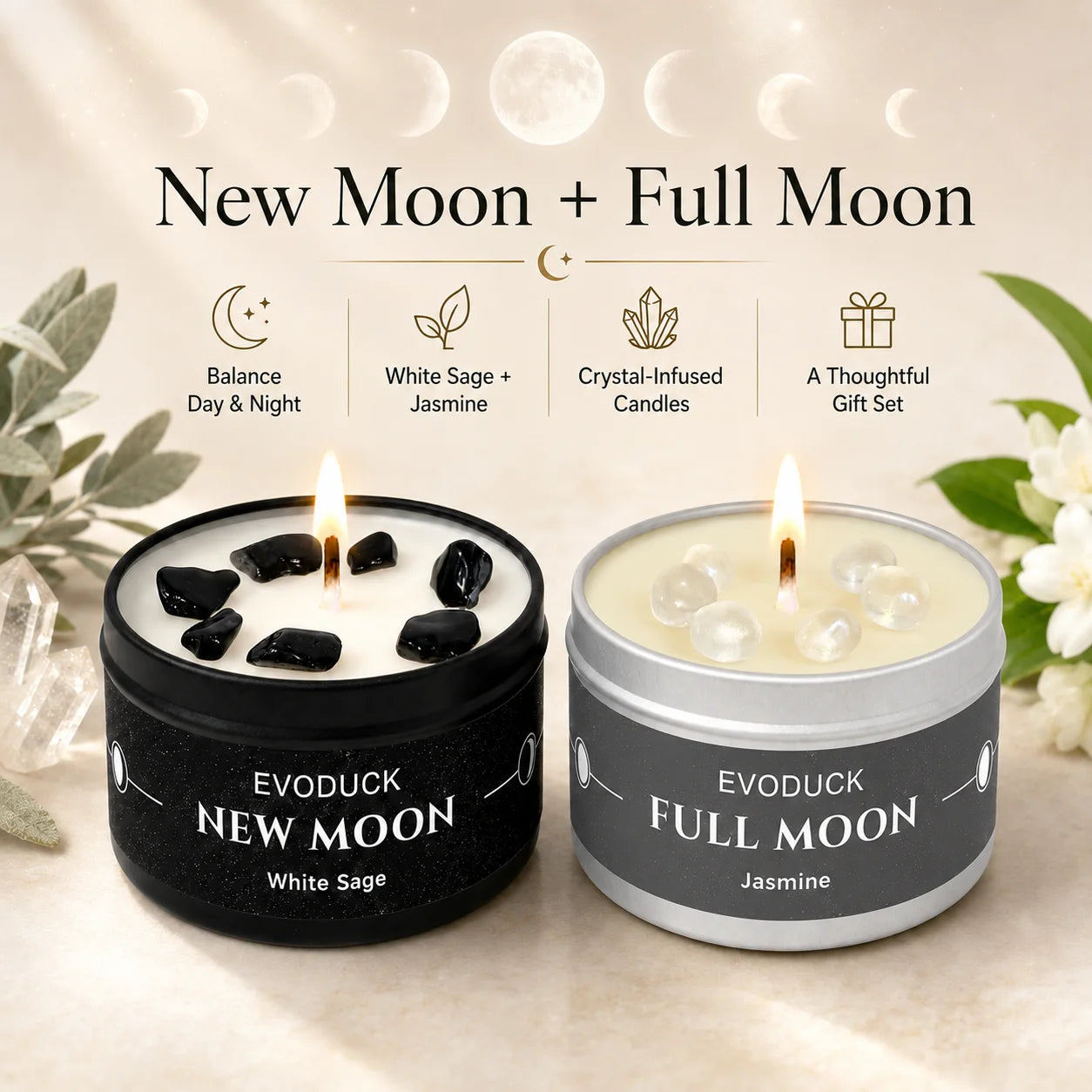 1pc New Moon Scented Candles Crystal Energy Candles 3oz Soy Wax Scented Candle Black Tin with Black Crystal Chips Gift for Woman