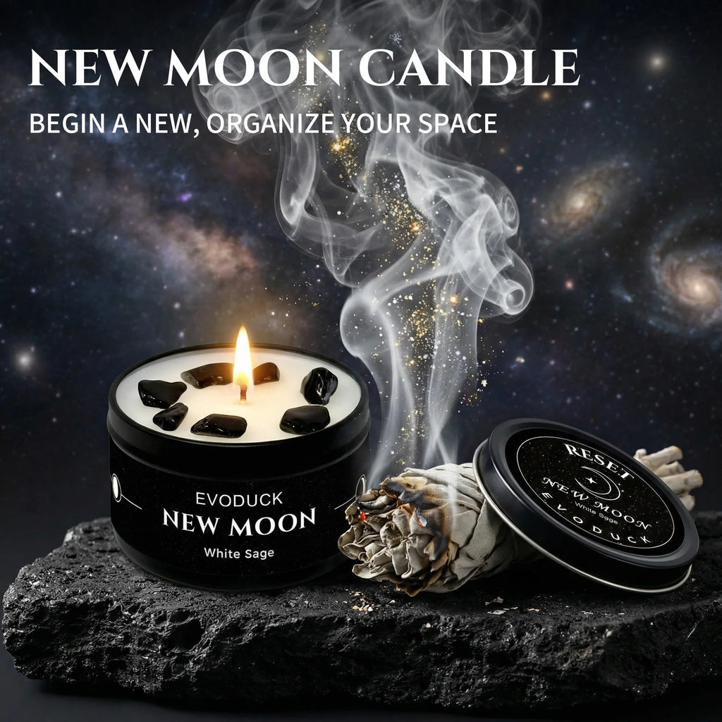 1pc New Moon Scented Candles Crystal Energy Candles 3oz Soy Wax Scented Candle Black Tin with Black Crystal Chips Gift for Woman