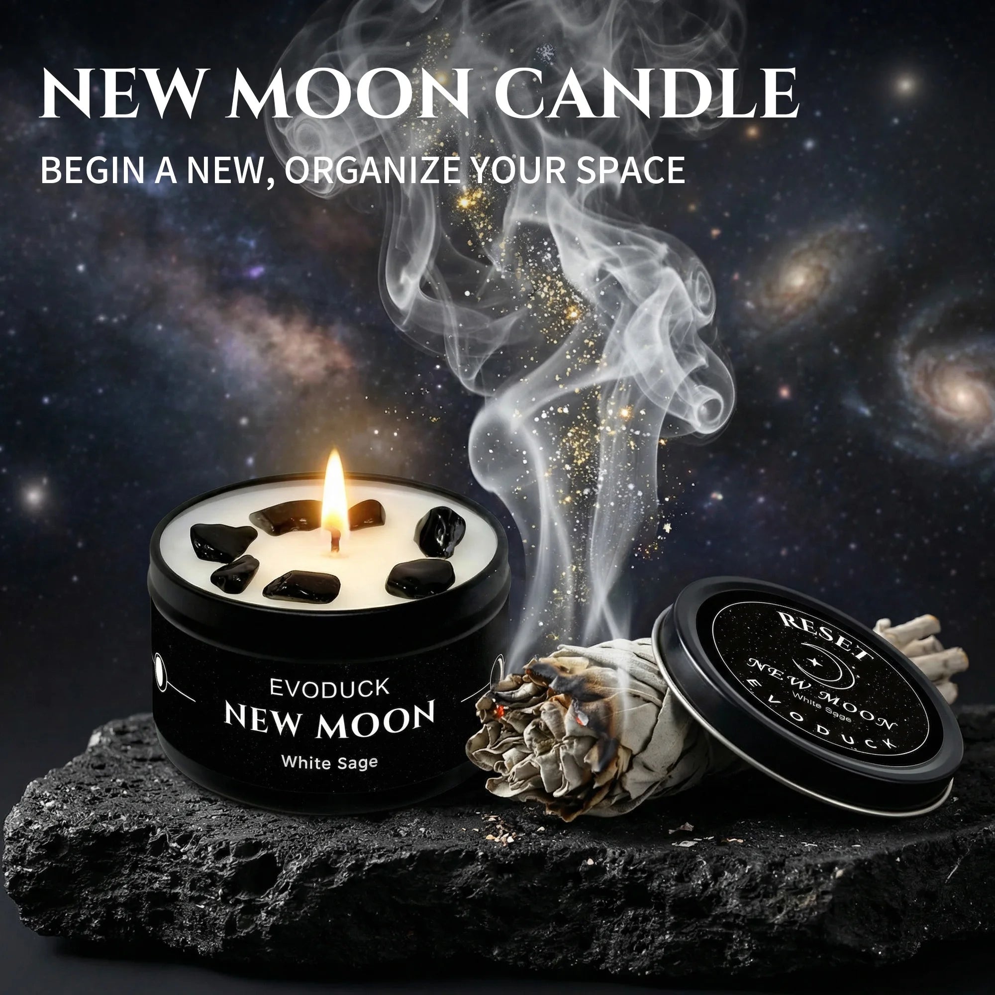 1pc New Moon Scented Candles Crystal Energy Candles 3oz Soy Wax Scented Candle Black Tin with Black Crystal Chips Gift for Woman