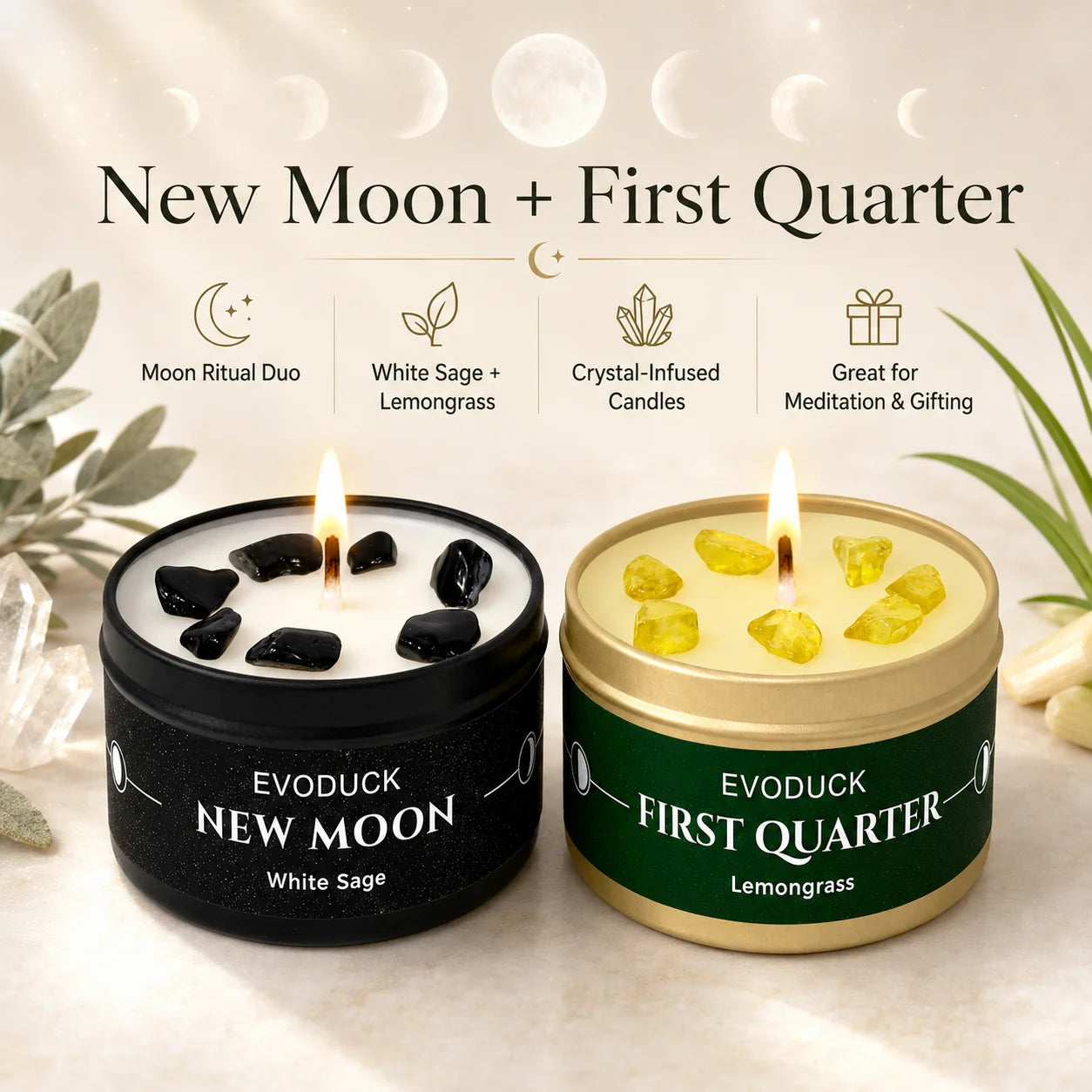 1pc New Moon Scented Candles Crystal Energy Candles 3oz Soy Wax Scented Candle Black Tin with Black Crystal Chips Gift for Woman
