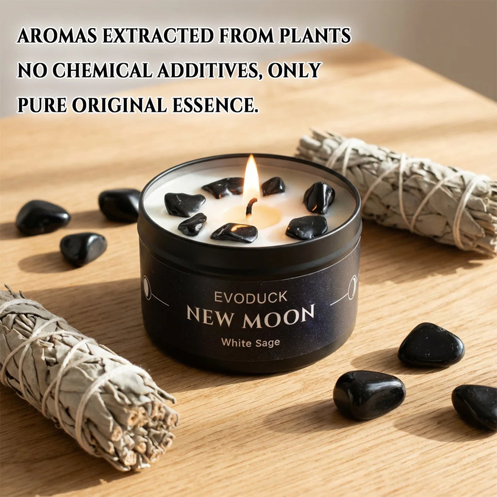 1pc New Moon Scented Candles Crystal Energy Candles 3oz Soy Wax Scented Candle Black Tin with Black Crystal Chips Gift for Woman