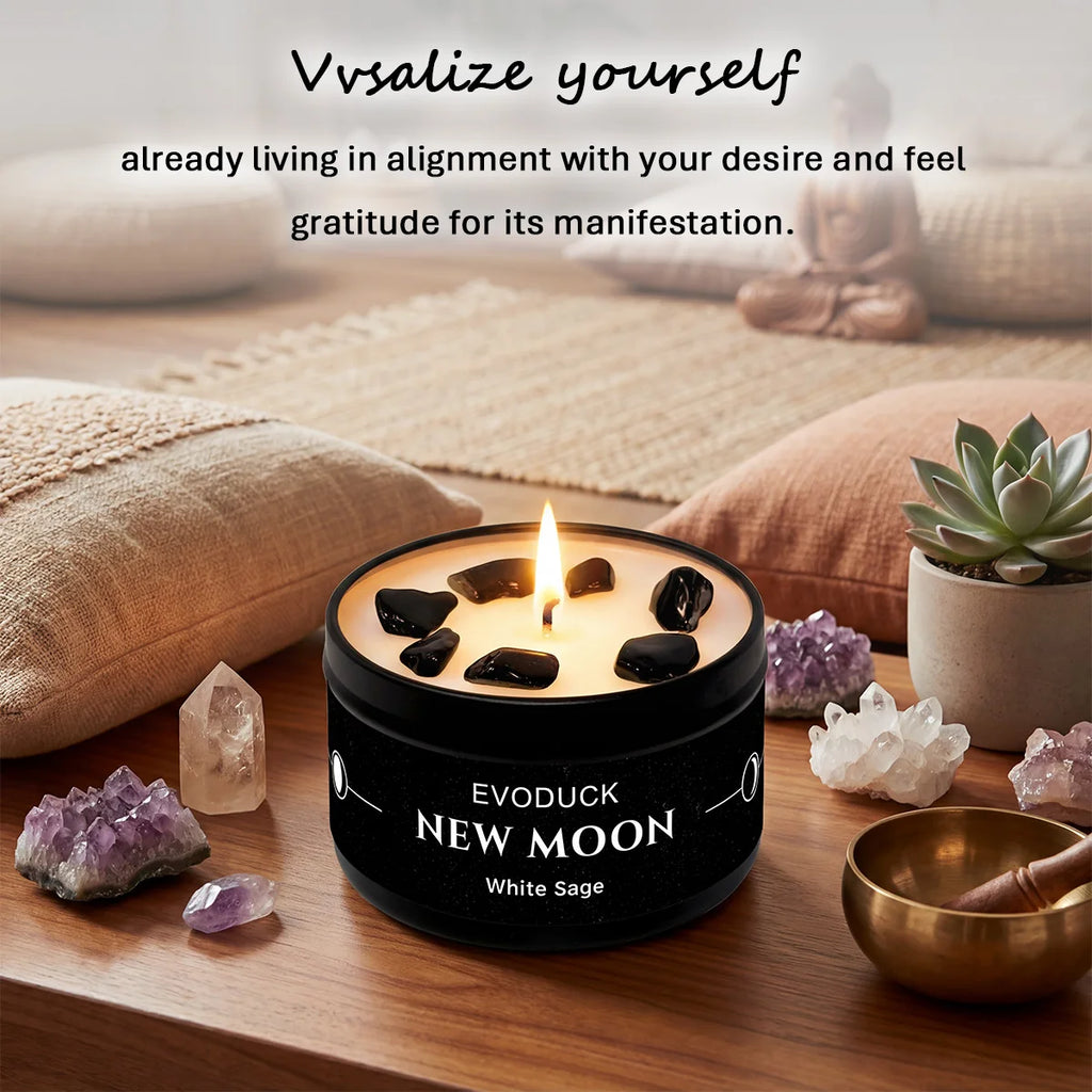 1pc New Moon Scented Candles Crystal Energy Candles 3oz Soy Wax Scented Candle Black Tin with Black Crystal Chips Gift for Woman