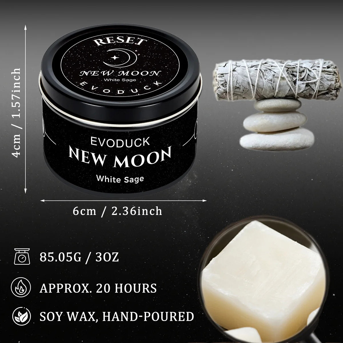 1pc New Moon Scented Candles Crystal Energy Candles 3oz Soy Wax Scented Candle Black Tin with Black Crystal Chips Gift for Woman