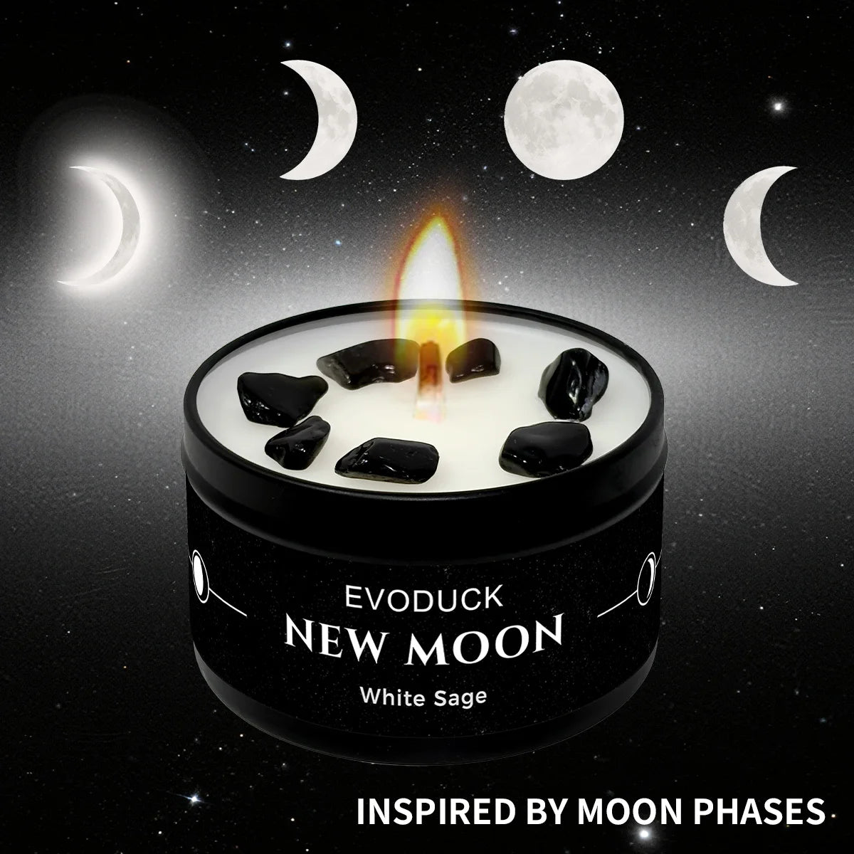 1pc New Moon Scented Candles Crystal Energy Candles 3oz Soy Wax Scented Candle Black Tin with Black Crystal Chips Gift for Woman