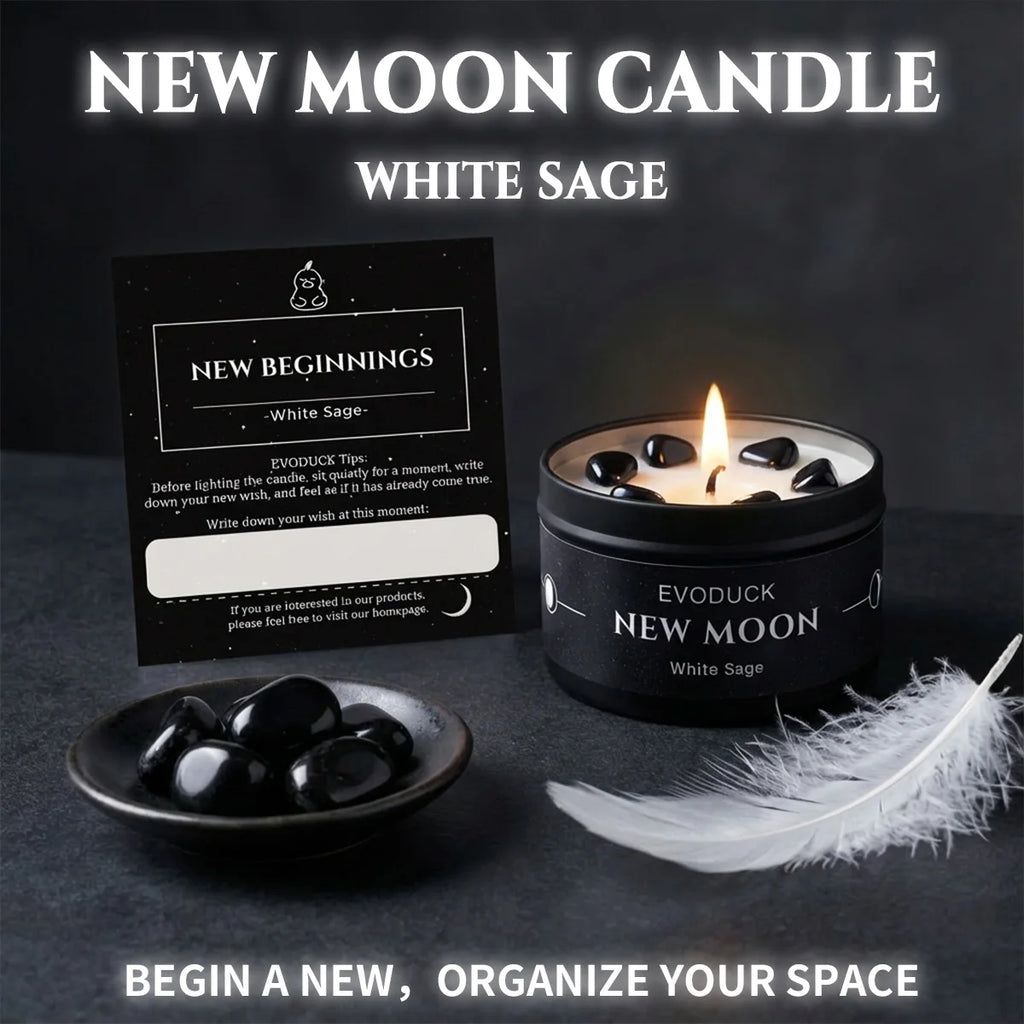 1pc New Moon Scented Candles Crystal Energy Candles 3oz Soy Wax Scented Candle Black Tin with Black Crystal Chips Gift for Woman