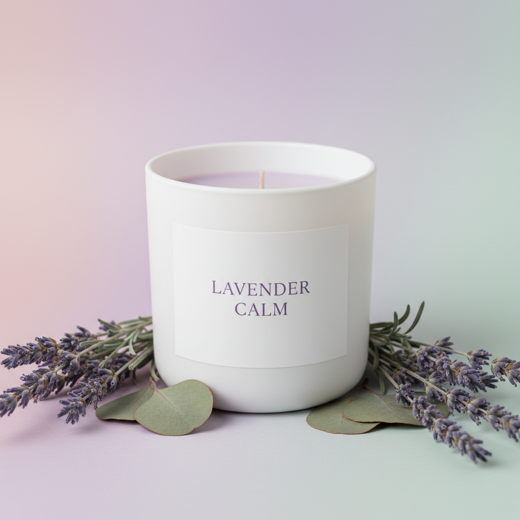 Lavender Calm hand-poured soy candle in a white ceramic jar